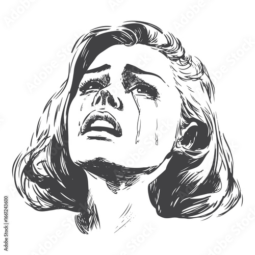 Sad Crying Woman with Tears Rolling Down Face