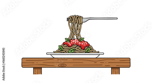A fork lifts a twirl of spaghetti with tomato sauce and basil from a plate on a wooden shelf.