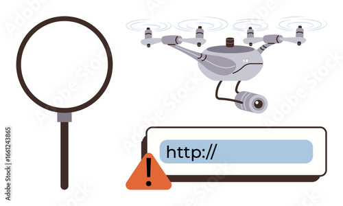 Surveillance drone with a camera, magnifying glass, and warning beside a URL link. Ideal for cybersecurity, data protection, internet safety, investigation, privacy issues, hacking modern technology