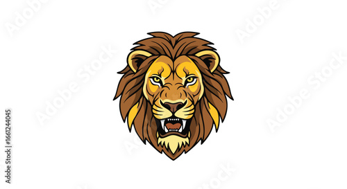 A fierce lion head mascot roaring with an open mouth, featuring a majestic brown mane and sharp teeth.