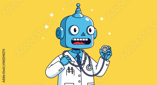 Cartoon blue robot doctor with stethoscope and surprised expression.