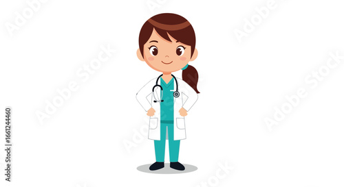 Cartoon Female Doctor in Scrubs and White Coat.