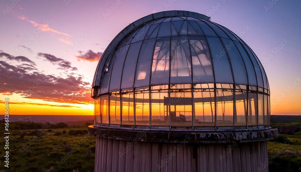 Obraz premium Observatory Building at Sunset on Grassy Hill with Dramatic Sky