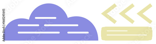 Purple cloud with horizontal coding lines and yellow directional arrows represent data movement, cloud storage, and processing. Ideal for technology, innovation, cloud hosting, data sharing, online