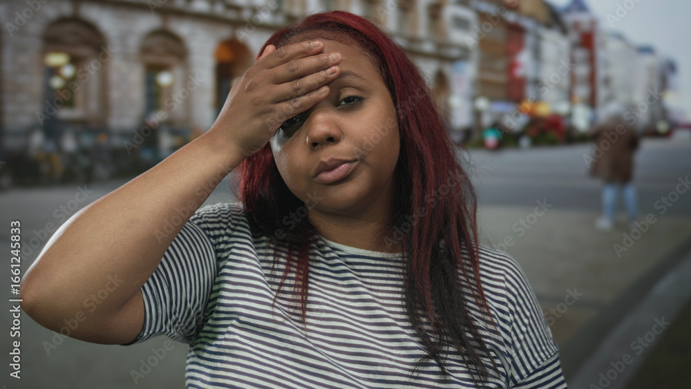 Fototapeta premium Young african american woman with red hair wearing striped shirt touches forehead and shrugs hand in busy city street; annoyance.