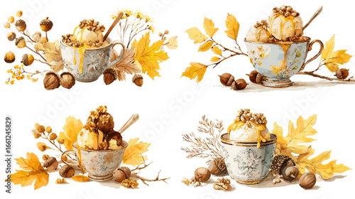 Watercolor illustration of autumn ice cream scoops in vintage teacups decorated with caramel, nuts, and fall leaves. Perfect for cozy seasonal design, cafe branding, and dessert art.