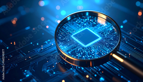 Close-Up Of A Magnifying Glass Over A Glowing Microchip On A Circuit Board