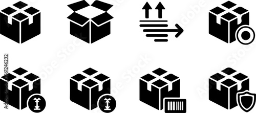 Various black and white shipping and packaging icons arranged in a grid formation on a white background