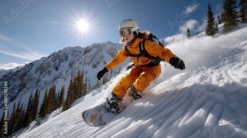 Woman snowboarding down sunny mountain slope