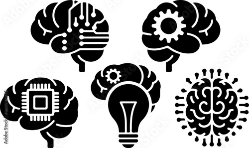 Various brain icons depicting artificial intelligence and cognitive functions in black and white style