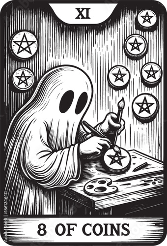 A happy ghost working at a crafting bench with coins, symbolizing dedication, learning and mastery on the black and white 8 of Coins tarot card vector design