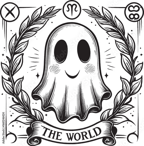 A cheerful ghost surrounded by a laurel wreath stands in the center of The World tarot card, symbolizing completion and harmony in a black and white vector illustration