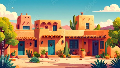 Colorful adobe buildings desert landscape