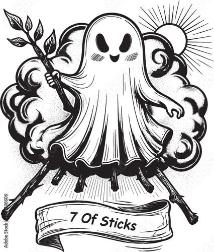 A happy ghost stands holding a rod with other sticks behind, symbolizing defense and perseverance on the 7 of Sticks tarot card in a bold black and white vector style