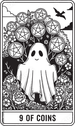 The 9 of Coins tarot card shows a ghost standing in a lush garden surrounded by coins and flowers, symbolizing luxury and fulfillment in a joyful black and white style