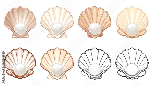 Eight illustrations of pearls in shells, various colors