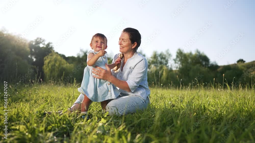 Mother gives kiss to toddler in sunlit meadow while daughter smile and sit in grass with mother holding child lovingly near tree line and hill family enjoying summer outdoor affection and joy tender Mother gives kiss to toddler in sunlit meadow while daughter smile and sit in grass with mother holding child lovingly near tree line and hill family enjoying summer outdoor affection and joy tender