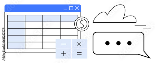 Spreadsheet interface with currency icon, calculator, cloud symbol, and chat bubble. Ideal for finance, budgeting, analytics, collaboration, cloud computing productivity simple flat metaphor