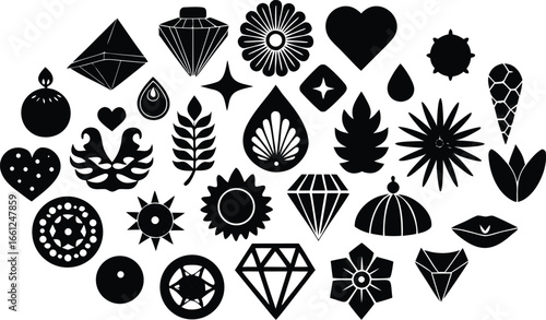 Vector art of collection of various black geometric shapes and symbols, including diamonds, stars, hearts, and flowers, isolated on a