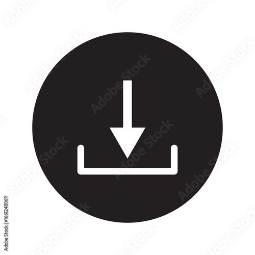 Download icon, black arrow symbol, Save to device icon, Download button vector, Data transfer symbol, File saving graphic, Storage input sign, Digital download emblem, vector.
