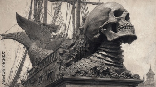 Ornate ship figurehead skull, scales, & mermaid tail in vintage sepia tone