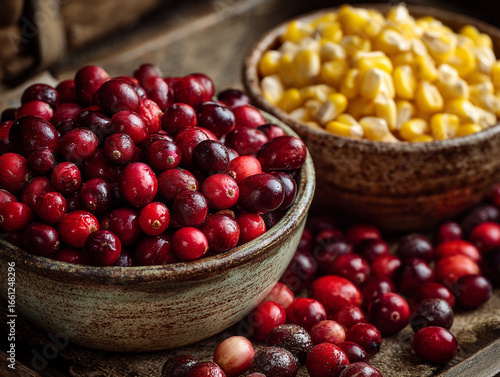 Freshly harvested cranberries and corn displayed in rustic bowls on a wooden table in a farm setting during autumn