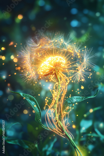 Inspirational close-up of a dandelion glowing with warm light, symbolizing mindfulness, meditation, and connection to nature. Perfect concept for wellness, balance, relaxation, and eco-friendly lifest