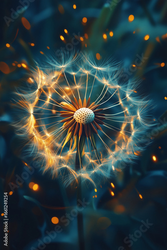 Inspirational close-up of a dandelion glowing with warm light, symbolizing mindfulness, meditation, and connection to nature. Perfect concept for wellness, balance, relaxation, and eco-friendly lifest
