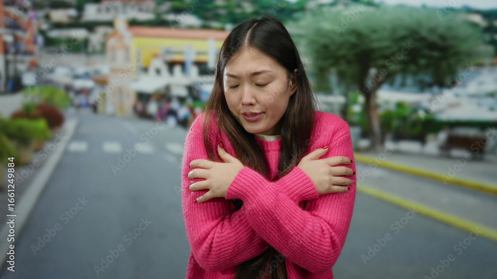 Fototapeta premium Woman in pink sweater in urban street setting with arms crossed appearing cold with blurred cityscape background.