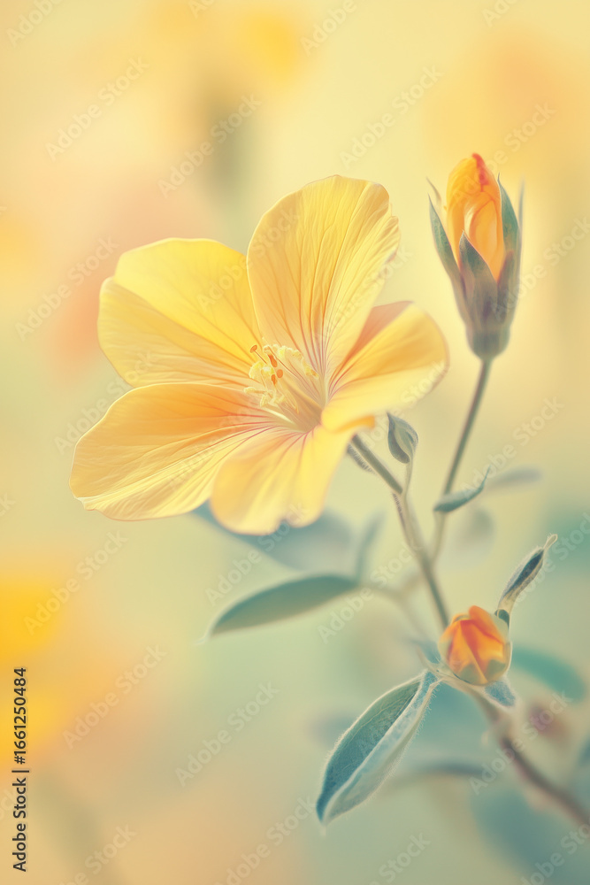 Obraz premium Close-up of delicate yellow wildflowers blooming in a sunlit meadow. Soft natural light highlights the fragile petals and fresh green stems, capturing the beauty of spring, growth, and the serenity of