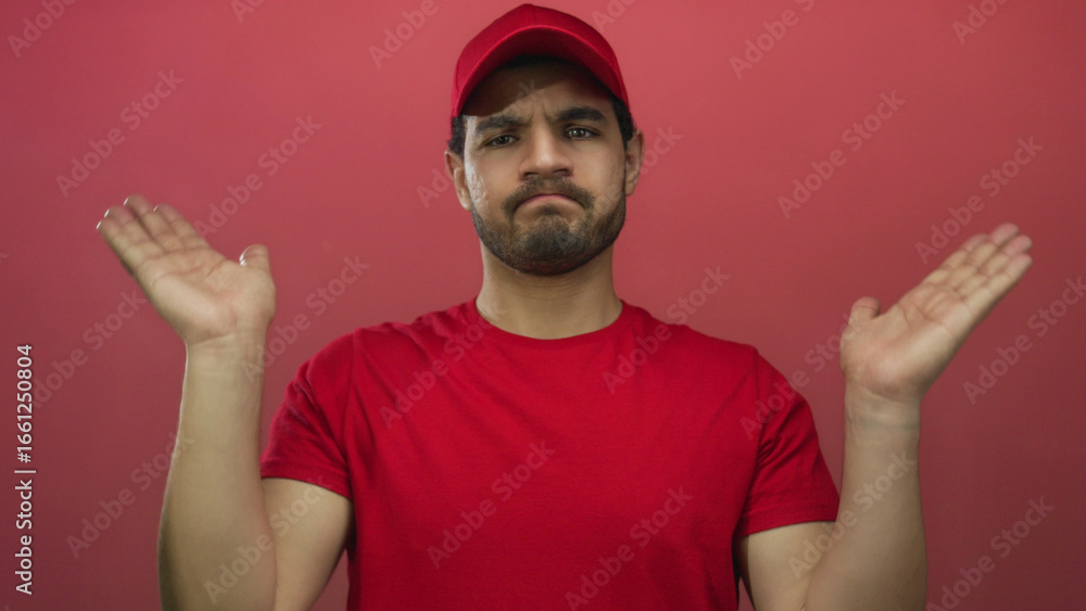 Naklejka premium Man wearing red cap and t shirt holding both palms up facing camera in studio with puzzled expression; uncertainty.