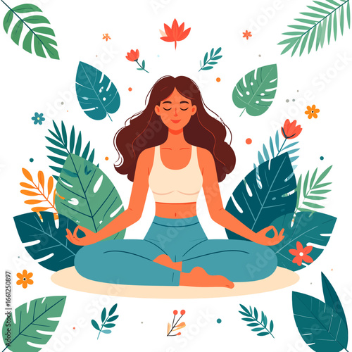 Serene woman meditating amidst lush foliage, embodying peace and mindfulness