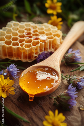 Wooden spoon with golden honey and honeycomb surrounded by wildflowers. Concept of natural sweetness, organic food, and healthy ingredient for cooking and desserts