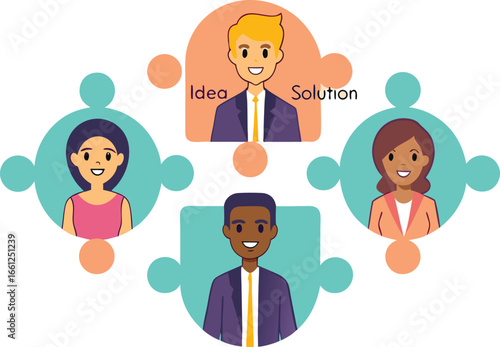 Teamwork Puzzle Concept – Diverse Business Team in Interlocking Pieces (Idea & Solution Illustration)
