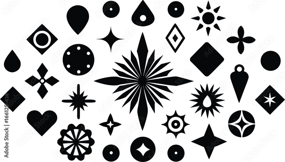 Fototapeta premium Vector art of an assortment of black abstract geometric shapes and symbols on a, featuring stars, flowers, hearts, and diamonds