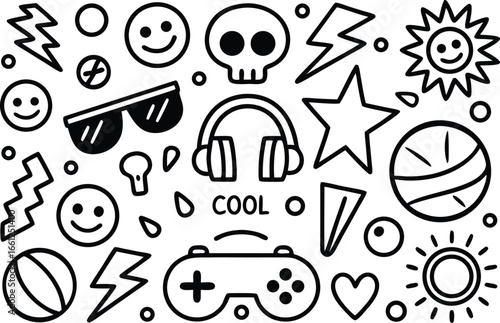 Cool doodle seamless pattern with skull headphones game controller smiley faces sunglasses stars basketball hearts and fun symbols in black and white line art 
