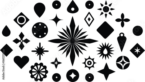 Vector art of an assortment of black abstract geometric shapes and symbols on a, featuring stars, flowers, hearts, and diamonds