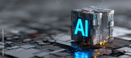 Futuristic AI Technology Cube on Intricate Circuit Board for Innovation Concepts