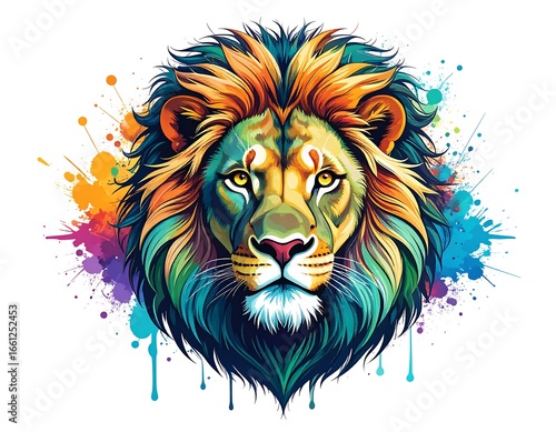 Vibrant lion portrait with colorful splashes
