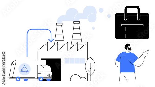 Recycling truck unloading at factory, processing emissions into usable resources. Man with briefcase symbolizes professional eco-innovation. Ideal for sustainability, waste management, eco-industry