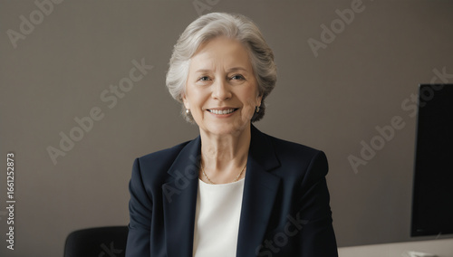 A confident woman with short gray hair is seated at a contemporary office desk. She exudes professionalism while smiling warmly at the camera. The background features neutral tones and minimal decor