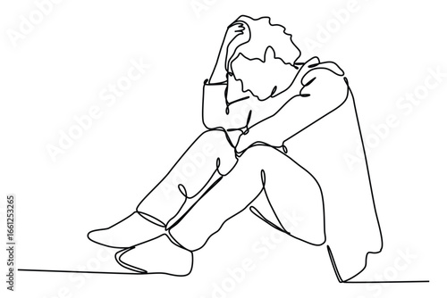 Continuous one line art of sad man sitting alone. Single line drawing illustration of thinking man. Doodle line illustration. 