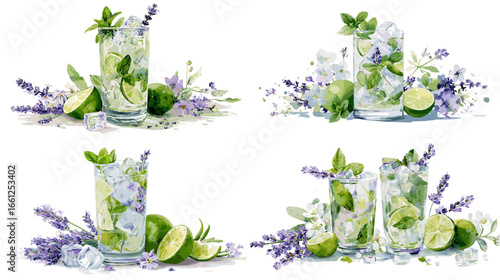 Refreshing watercolor illustration of mojito cocktail with mint, lime, lavender, and ice cubes for summer beverage and botanical themes.