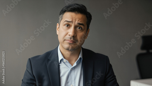 A man dressed in a dark suit and light shirt sits at a desk, looking directly with a focused expression. It appears he is discussing important matters in a modern office environment