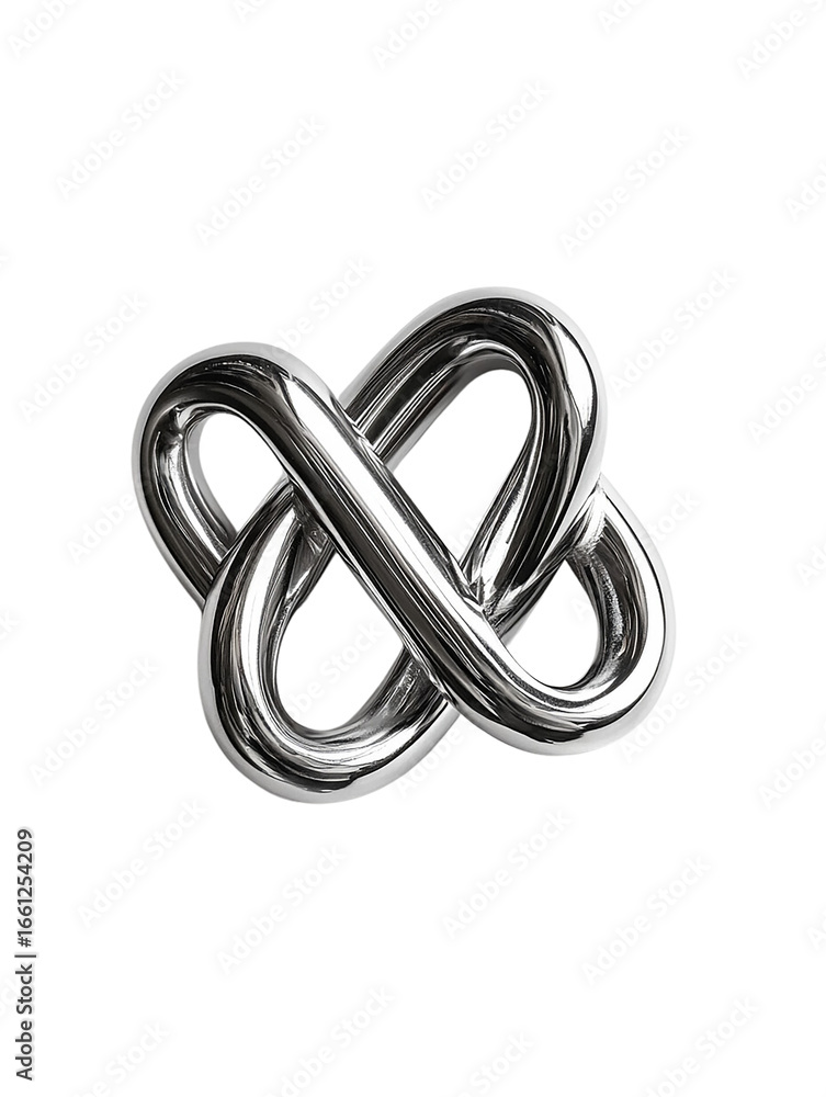 Naklejka premium Chrome Infinity Knot reflects smooth surface, product photography, branding.