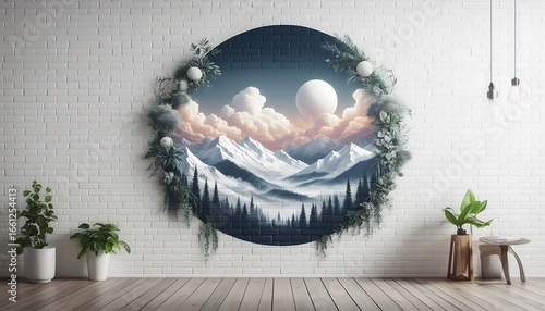  Scenic mural of a mountain landscape with snow-capped peaks, pine trees, a large white moon in a dreamy sky, framed by lush greenery on a white brick wall