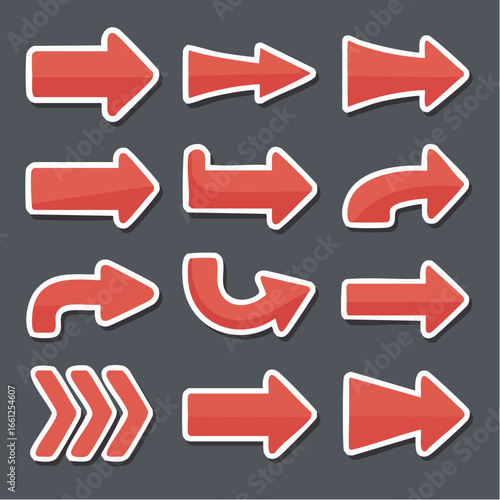 Diverse Collection of Twelve Red Arrows with White Outlines and Drop Shadows on a Dark Gray Background