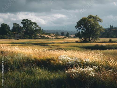 A field of tall grass with a few trees in the background
