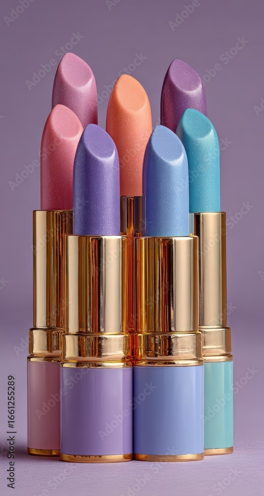 Fototapeta premium Colorful lipstick collection on a mauve background
