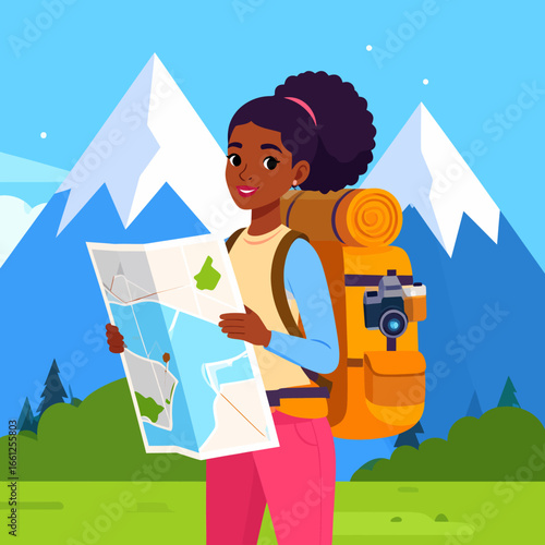 Adventurous Tourist Black Woman Hiking with Map & Backpack in Mountains